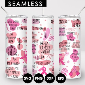 20oz Afirmaciones de cáncer de mama sin costuras Sublimación de vaso delgado, PNG, Cáncer de mama svg, Vaso de cáncer de mama, Vaso de cinta rosa