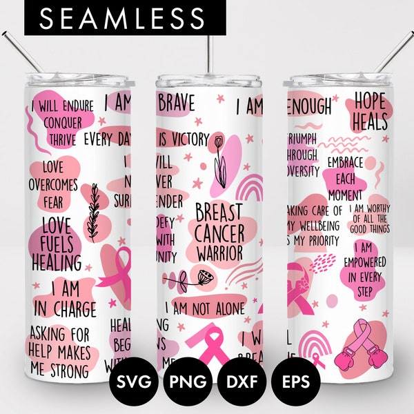 20oz Seamless Breast Cancer Affirmations Skinny Tumbler Sublimation, PNG, Breast Cancer svg, Breast cancer tumbler, Pink ribbon tumbler