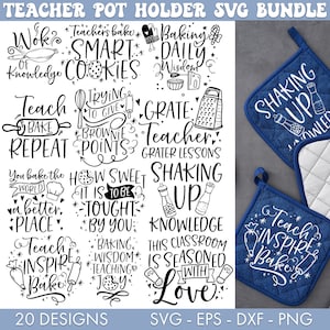 Puede incluir: Un conjunto de 20 diseños SVG imprimibles para agarraderas de olla con citas y refranes sobre el tema de los maestros. Los diseños incluyen frases como "Work of Knowledge", "Teach Bake Repeat", "Shaking Up Knowledge", y "This Classroom is Seasoned with Love".