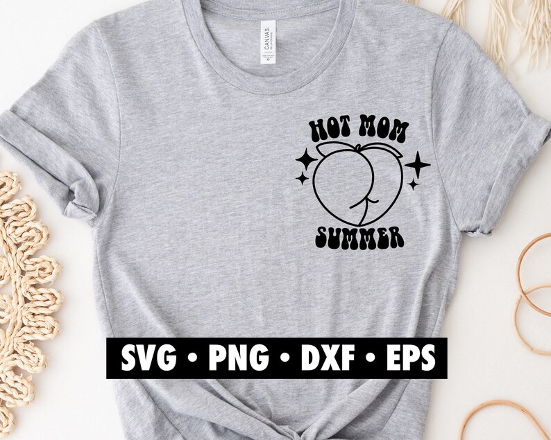 May include: A gray t-shirt with a black graphic design of two peaches with the text "Hot Mom Summer" in a retro font.