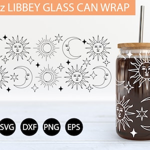 May include: A 16oz glass can wrap design featuring a repeating pattern of suns and moons with faces. The design is in black and white and is shown on a clear glass can with a brown liquid inside.