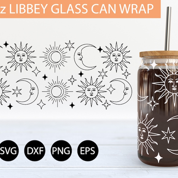 Celestial Sun And Moon 16oz Libbey Glass Can SVG file Cup Wrap, Libbey PNG, Celestial svg, Libbey Can Wrap svg, Mystical svg, Tarot svg