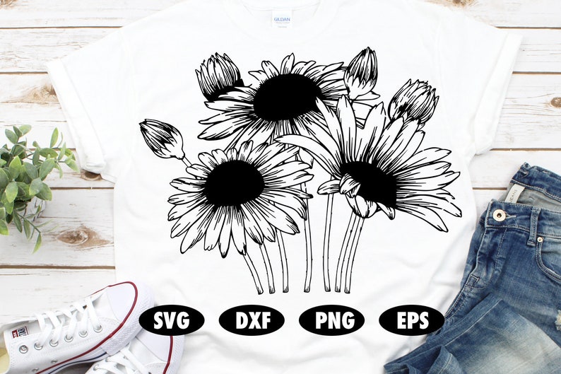 May include: Black and white line art illustration of a bouquet of daisies. The daisies have large, round centers and delicate petals. The stems are long and slender.