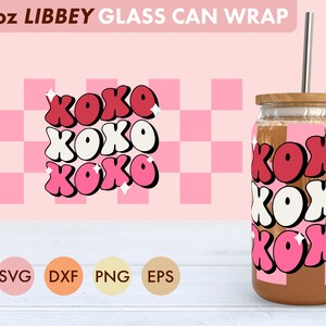 Karierte XOXO 16oz Libbey Glasdose SVG Datei Cup Wrap, Libbey PNG, Valentine svg, Valentine Libbey Can Wrap svg, Xoxo Libbey svg, Xoxo svg
