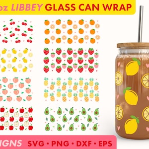 Frutas de verano 16oz Libbey Glass Wrap SVG, sublimación de Libbey de limón, envoltura de sublimación de Libbey, naranja Libbey svg, cereza Libbey SVG, melocotón svg