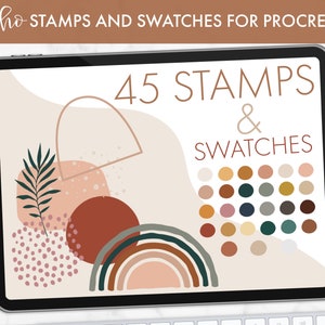 May include: A digital illustration of 45 boho style stamps and swatches for Procreate. The image shows a tablet screen with a colourful abstract design and a colour palette of 45 swatches.