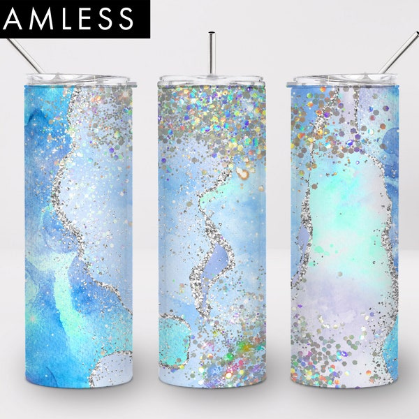 20oz Seamless Ice Blue Achat Glitzer Holographic Skinny Tumbler Sublimation, PNG, Holographic Tumbler, Tumbler png, Tumbler Wraps