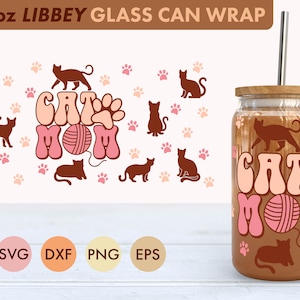 Retro Cat Mom 16 Unzen Libbey Glasdose SVG-Datei Tasse wickeln, Libbey PNG, Katze svg, Cat Libbey kann wickeln svg, Katzenmama png, Retro svg, Katzenmama SVG
