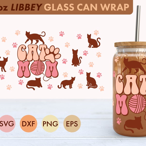 Retro Cat Mom 16oz Libbey Glass Can SVG file Cup Wrap, Libbey PNG, Cat svg, Cat Libbey Can Wrap svg, Cat mom png, Retro svg, Cat mama SVG