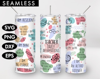 20oz Seamless Teacher Daily Affirmations Skinny Tumbler Sublimation, PNG, Teacher svg, Teacher tumbler, Affirmation tumbler, Teacher png