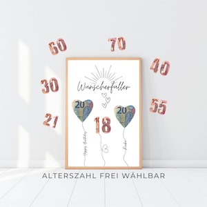 Geldgeschenk Geburtstag Luftballons Herz, Wunscherfüller Geldscheine personalisiert, Poster Geburtstagskaart, download ausdruckbar, verjaardag