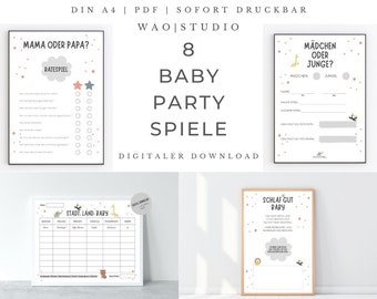 Babyparty Spiele Set 8-teilig, Babyshower Aktivitäten zum Ausdrucken, Neutrales Design, Stadt Land Baby & Orakel, Digitaler Download A4
