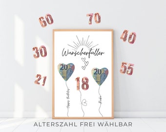 Geldgeschenk Geburtstag Luftballons Herz, Wunscherfüller Geldscheine personalisiert, Poster Geburtstagskarte, Download ausdruckbar, Anniversaire