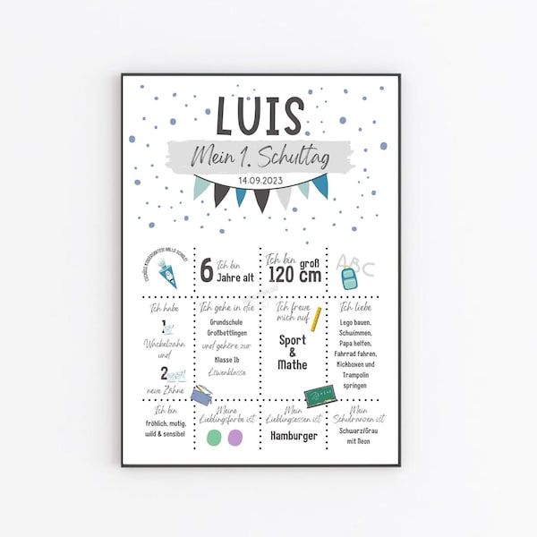 Personalisiertes Geschenk Einschulung, Mein erster Schultag Poster, Meilenstein Schulanfänger, Geschenk Einschulung, DIN A4 Digital Ausdruck