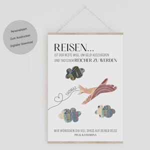 Minimalistische Geldgeschenk-Vorlage mit Flugzeug-Illustration und dem Schriftzug „Reisen ist der beste Weg um Geld auszugeben und trotzdem reicher zu werden“ auf weißem Hintergrund. Auf dem Bild ist ein Flugzeug und 3 Wolken. Diese Motive können ausgeschnitten werden und mit Geldscheinen hinterlegt werden.