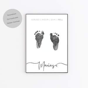 Fußabdruck Handabdruck Baby Poster mit Geburtsdaten Deutsch, Personalisiert Geschenk Geburt, Ausdrucken, A4 PDF, Download, 1. Geburtstag