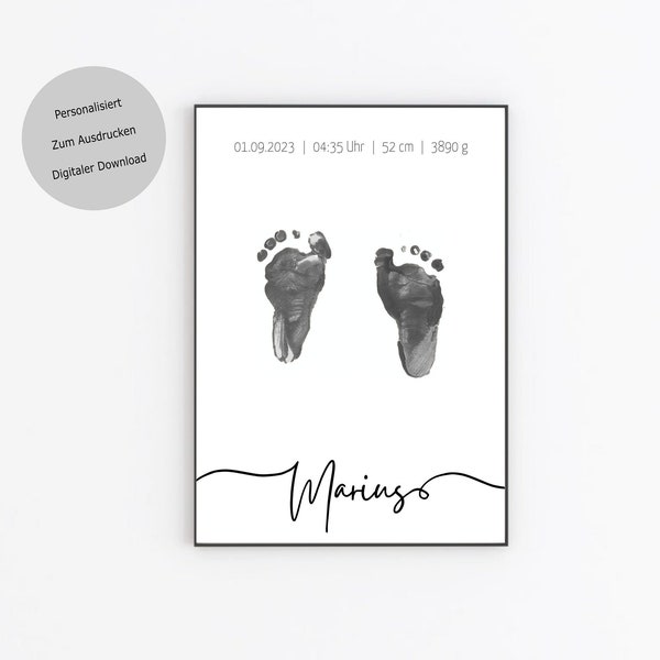 Fußabdruck Handabdruck Baby Poster mit Geburtsdaten Deutsch, Personalisiert Geschenk Geburt, Ausdrucken, A4 PDF, Download, 1. Geburtstag