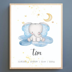 Geburtsurkunde Baby Junge personalisiert, Geburtsposter Aquarell Elefant Blau, Kinderzimmer Wandbild, Geschenk Geburt, Digitaler Download