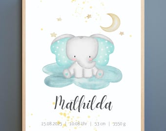 Geburtsurkunde Baby personalisiert, Geburtsposter Aquarell Elefant, Kinderzimmer Wandbild, Geschenk Geburt Junge Mädchen, Digitaler Download