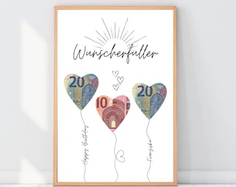 Geldgeschenk Geburtstag Luftballons, Wunscherfüller Geldscheine personalisiert, Poster Geburtstagskarte, Download zum Ausdrucken, Birthday