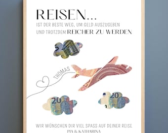 Reise Geldgeschenk personalisiert Flugzeug, Urlaubszuschuss basteln, Weltreise Geschenkidee,   PDF Vorlage, Reise-Geld Download , PDF Datei