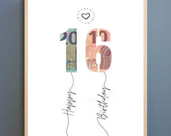 Regalo stampabile per i 16 anni: palloncini in denaro per il compleanno (download digitale)