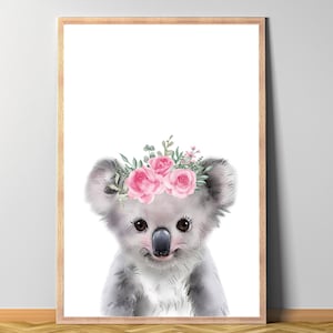 Watercolor Koala Flower Crown Print: Baby Animal Nursery Decor (Digital File PDF)