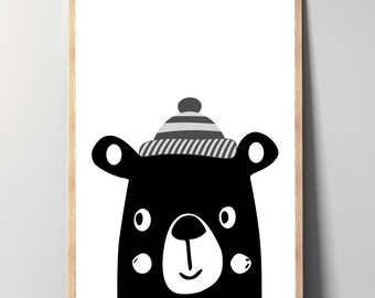 Bear with Hat Nursery Print: Black and White Baby Room Decor (Digital Download)
