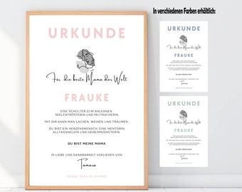 Geschenk beste Mama der Welt - Personalisierbare Urkunde zum Ausrucken - Geschenke zum Muttertag oder Geburtstag Mutter - Geburt des Kindes
