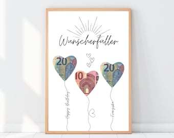 Geldgeschenk Geburtstag Luftballons, Wunscherfüller Geldscheine personalisiert, Poster Geburtstagskarte, Download zum Ausdrucken, Anniversaire