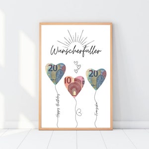Geldgeschenk Geburtstag Luftballons, Wunscherfüller Geldscheine personalisiert, Poster Geburtstagskarte, Download zum Ausdrucken, Birthday