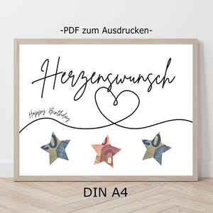 Geldgeschenk zum Geburtstag, Herzenswunsch Geburtstagskarte, Wunscherfüller Geld verpacken, Geburtstaggeschenk Vorlage zum Ausdrucken