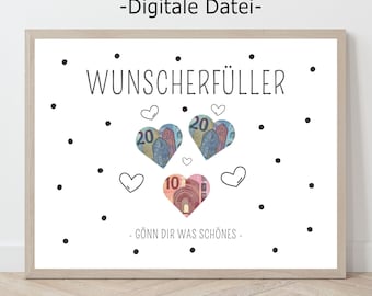 Wunscherfüller Geldgeschenk, Geburtstaggeschenk, Digitaler Download, Vorlage Herz Geld Geschenk zum Ausdrucken, Geburtstagskarte Frau Mann