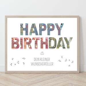 Feliz Aniversário Geldgeschenk, Wunscherfüller Geburtstag Poster, Vorlage Geldschein Geschenk zum Ausdrucken, Geburtstagskarte, Querformat