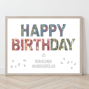 Happy Birthday Geldgeschenk, Wunscherfüller Geburtstag Poster, Vorlage Geldschein Geschenk zum Ausdrucken, Geburtstagskarte, Querformat