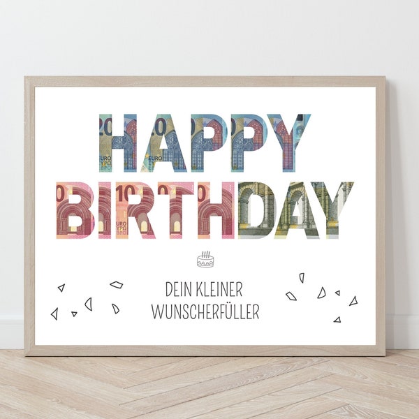 Happy Birthday Geldgeschenk, Wunscherfüller Geburtstag Poster, Vorlage Geldschein Geschenk zum Ausdrucken, Geburtstagskarte, Querformat