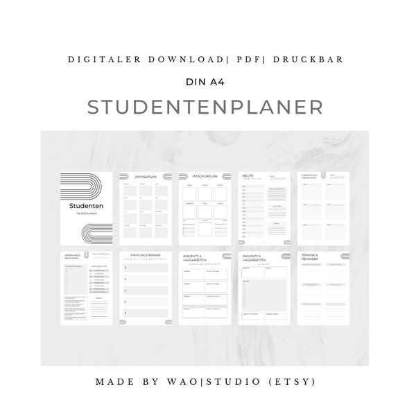 Studenten Kalender deutsch, Uni Planer, Pomodoro Lernhilfe, Checkliste Studium, Hausarbeit Termine, Notizen, sofort druckbar DIN A4 PDF