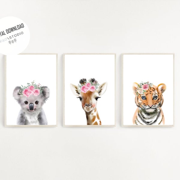 Tierposter Kinderzimmer, Kinderzimmer Deko Dschungel, Babyzimmer Deko Safari, Kinderposter Tiere, Tiger Poster, Koala, Digitaler Download