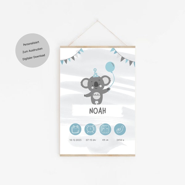 Geburtstafel Geburtsdaten Poster Baby Junge, Koala Tier Luftballon blau deutsch, Geburtsanzeige personalisiert, Geschenk, Digital DIN A4 PDF