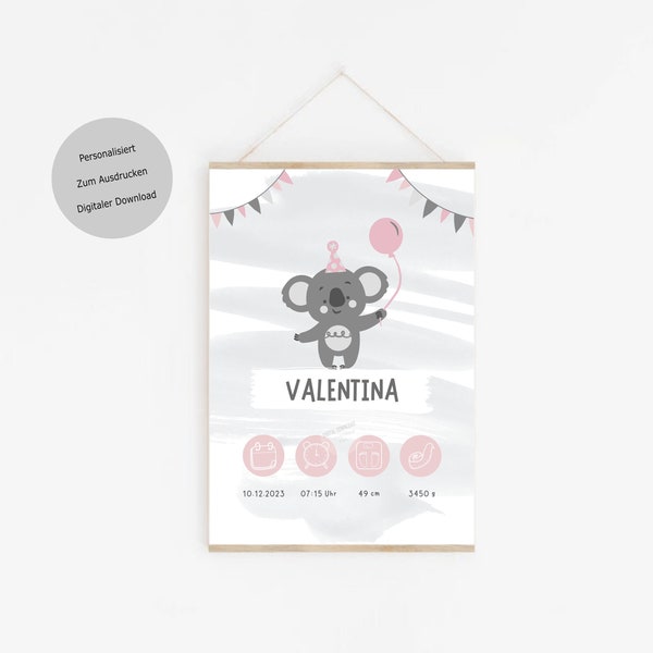 Geburtstafel Geburtsdaten Poster Baby, Mädchen, Koala Luftballon Deutsch, Geburtsanzeige personalisiert, Geschenk Rosa, Digital DIN A4 PDF