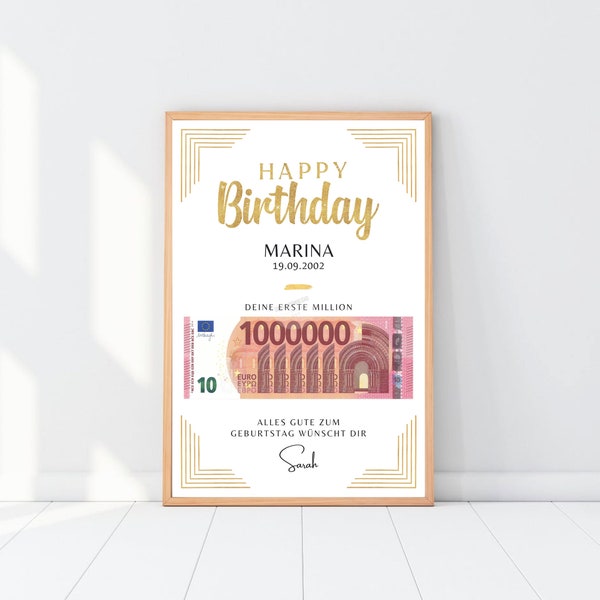 Geldgeschenk zum Geburtstag, Personalisiertes Geburstagsgeschenk Poster - Deine erste Million Geschenk Vorlage - DIN A4 PDF - Feliz cumpleaños