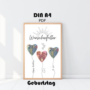 Birthday Money Gift Poster: Balloon Hearts Print (DIN A4 PDF)