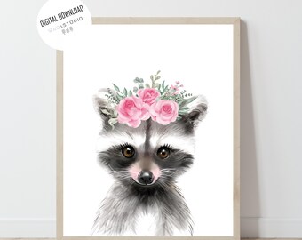 Waschbär Poster mit Blumenkrone, Babyzimmer Wandbild Aquarell, Waldtiere Boho Poster, Kinderposter Floral, Digitaler Download