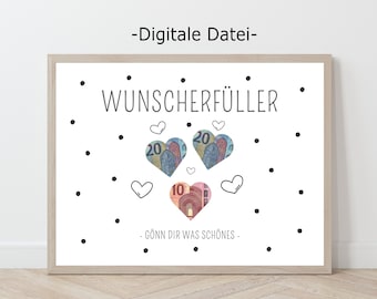Wunscherfüller Geldgeschenk, Geburtstaggeschenk, Digitaler Download, Vorlage Herz Geld Geschenk zum Ausdrucken, Geburtstagskarte Frau Mann