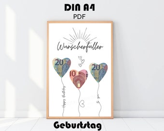 Geldgeschenk Geburtstag Luftballons, Poster Wunscherfüller Geld schenken, DIN A4 Geburtstagskarte, Download zum Ausdrucken, Anniversaire
