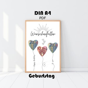 Geldgeschenk Geburtstag Luftballons, Wunscherfüller Geld schenken Poster, DIN A4 Geburtstagskarte, Download zum Ausdrucken, Aniversário Herzen