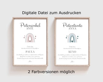 Patenurkunde Regenbogen Geschenk personalisiert, Patenonkel Patentante, Urkunde, Taufe Geschenk, Patenbrief DIN A4, Download zum Ausdrucken