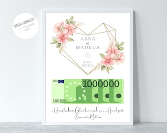 Hochzeit Geldgeschenk Eure Erste Million、Personalisiertes Brautpaar Geld Geschenk、DIN A4 PDF デジタルダウンロード