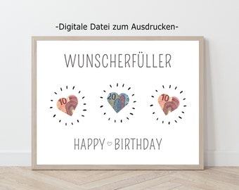 Wunscherfüller Geburtstag, Geburtstagsgeschenk, Geldschein Vorlage Herz, Geldgeschenk Verpackung, Download zum Ausdrucken, Geld schenken DIY
