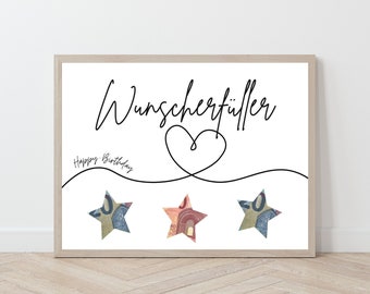 Poster Wunscherfüller Geld Geburtstagsgeschenk, Vorlage Geld Sterne Herz, Geldschein Geschenk zum Ausdrucken, Kreative Geburtstagskarte
